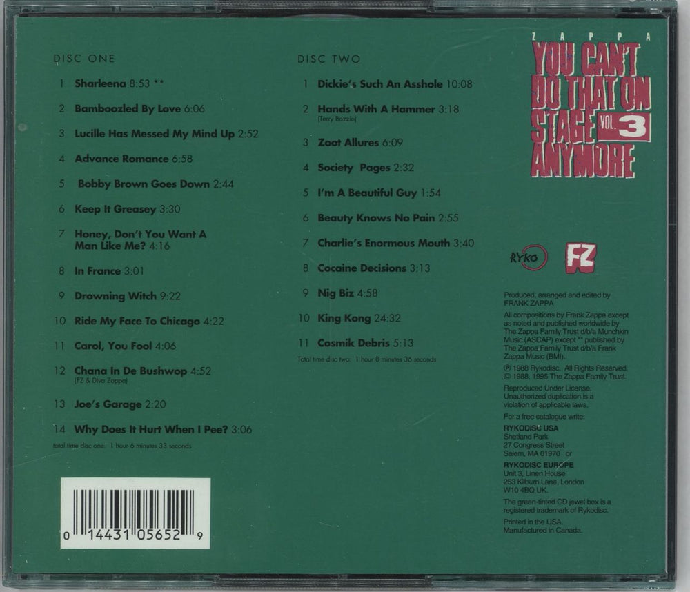 Frank Zappa You Can't Do That On Stage Anymore Vol. 3 US 2 CD album set (Double CD) 014431056529