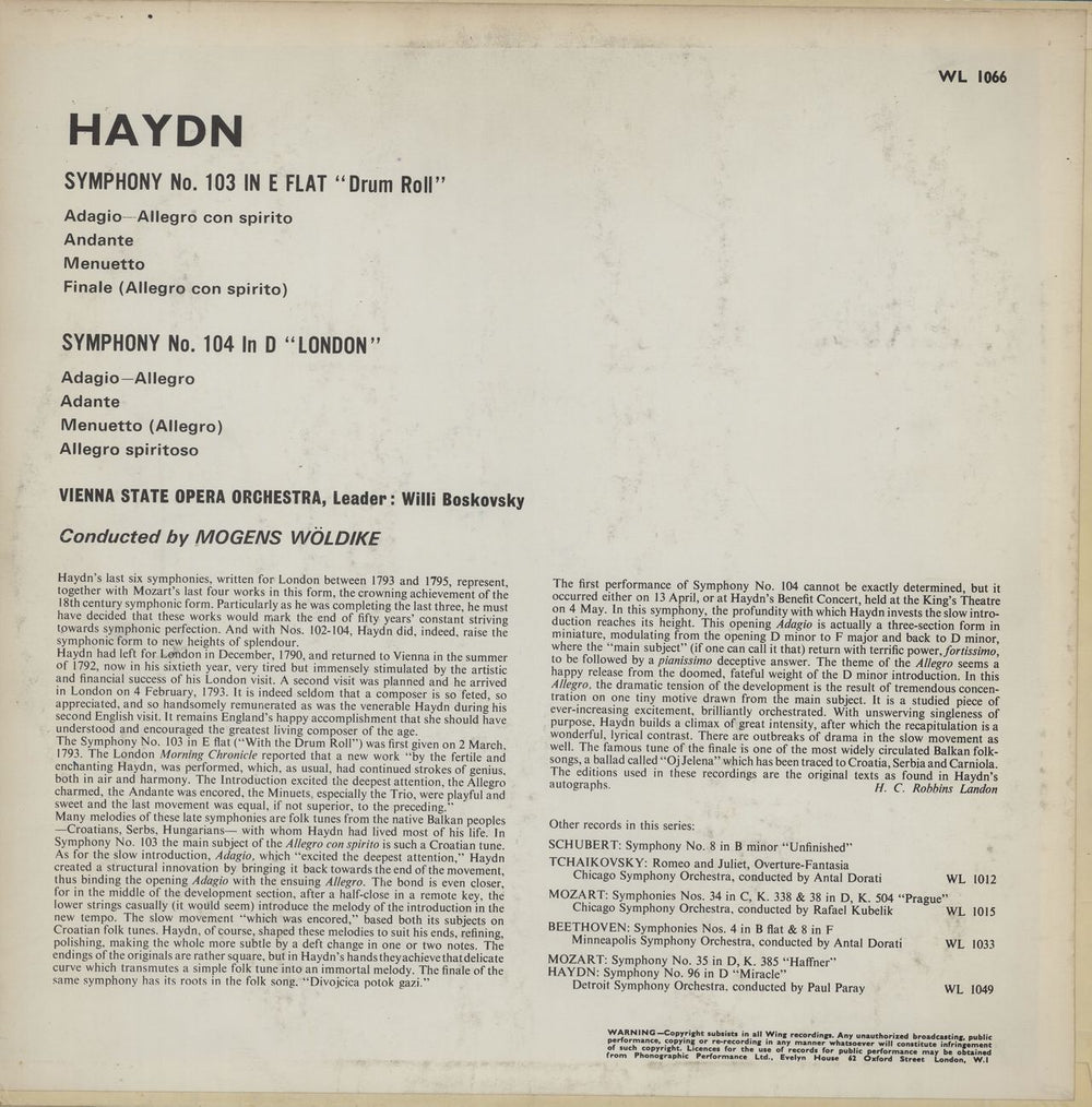 Franz Joseph Haydn Symphony No. 103 in E Flat "Drum Roll" / Symphony No. 104 in D "London" UK vinyl LP album (LP record)