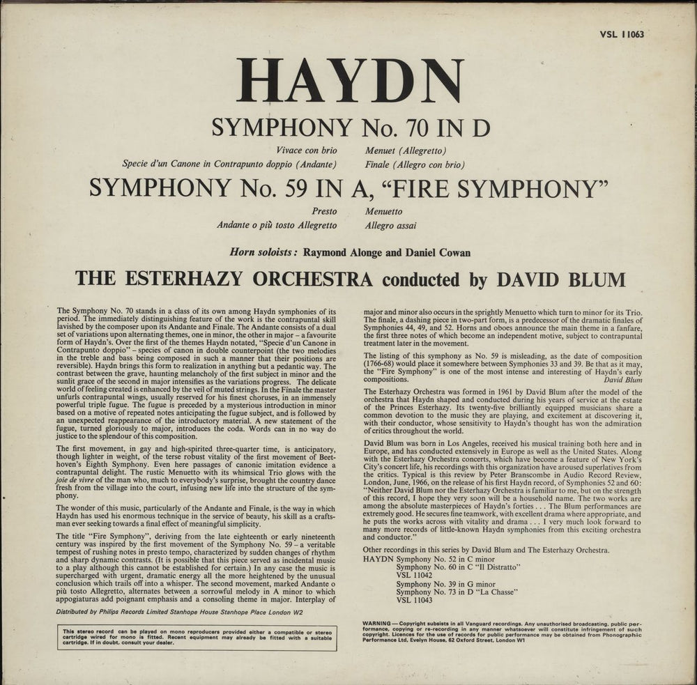 Franz Joseph Haydn Symphony No. 70 in D / Symphony No. 59 in A "Fire Symphony" UK vinyl LP album (LP record)