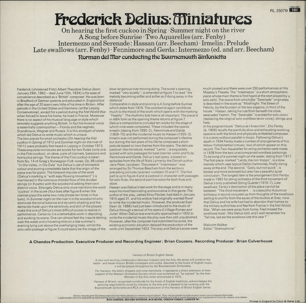 Frederick Delius Miniatures UK vinyl LP album (LP record)