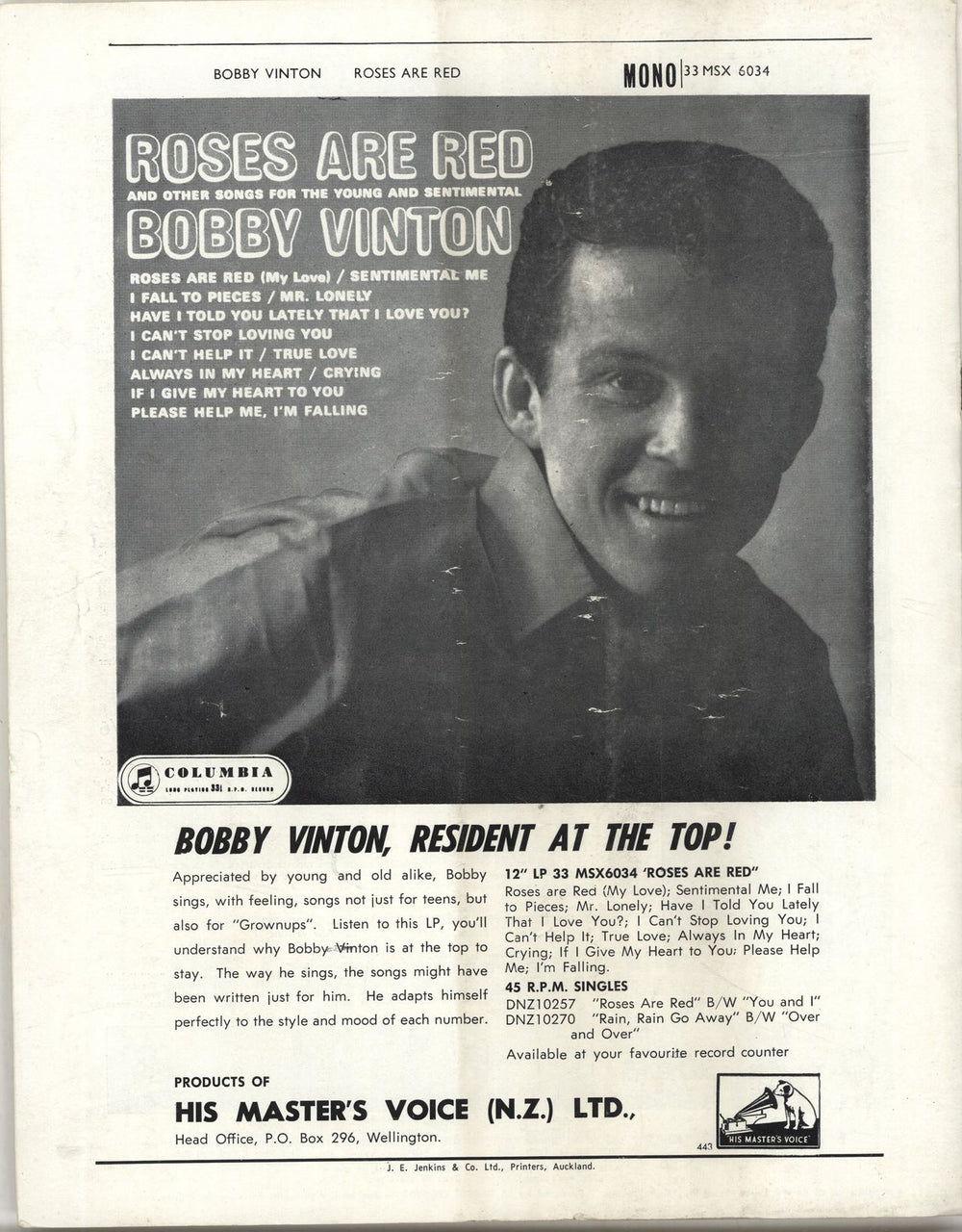 Gene Pitney Gene Pitney / Bobby Vinton New Zealand tour programme GPTTRGE692549