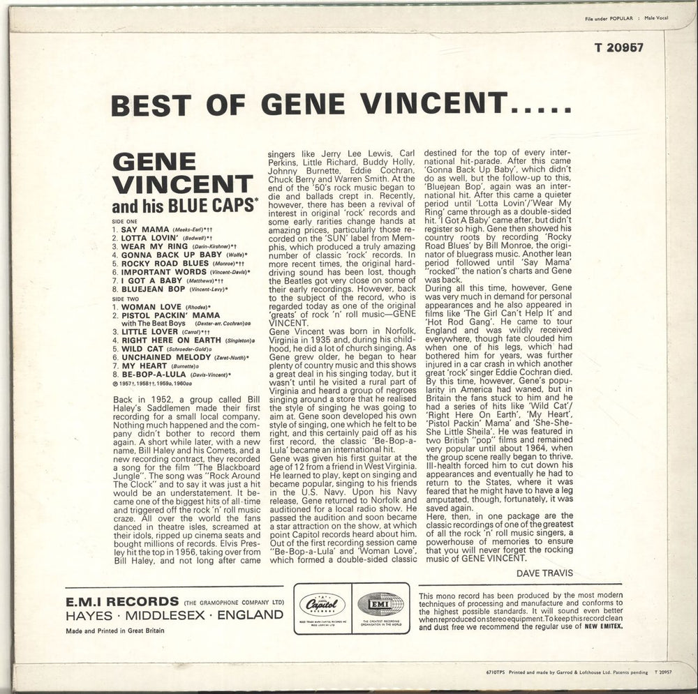 Gene Vincent Best Of Gene Vincent UK vinyl LP album (LP record) GNVLPBE696872