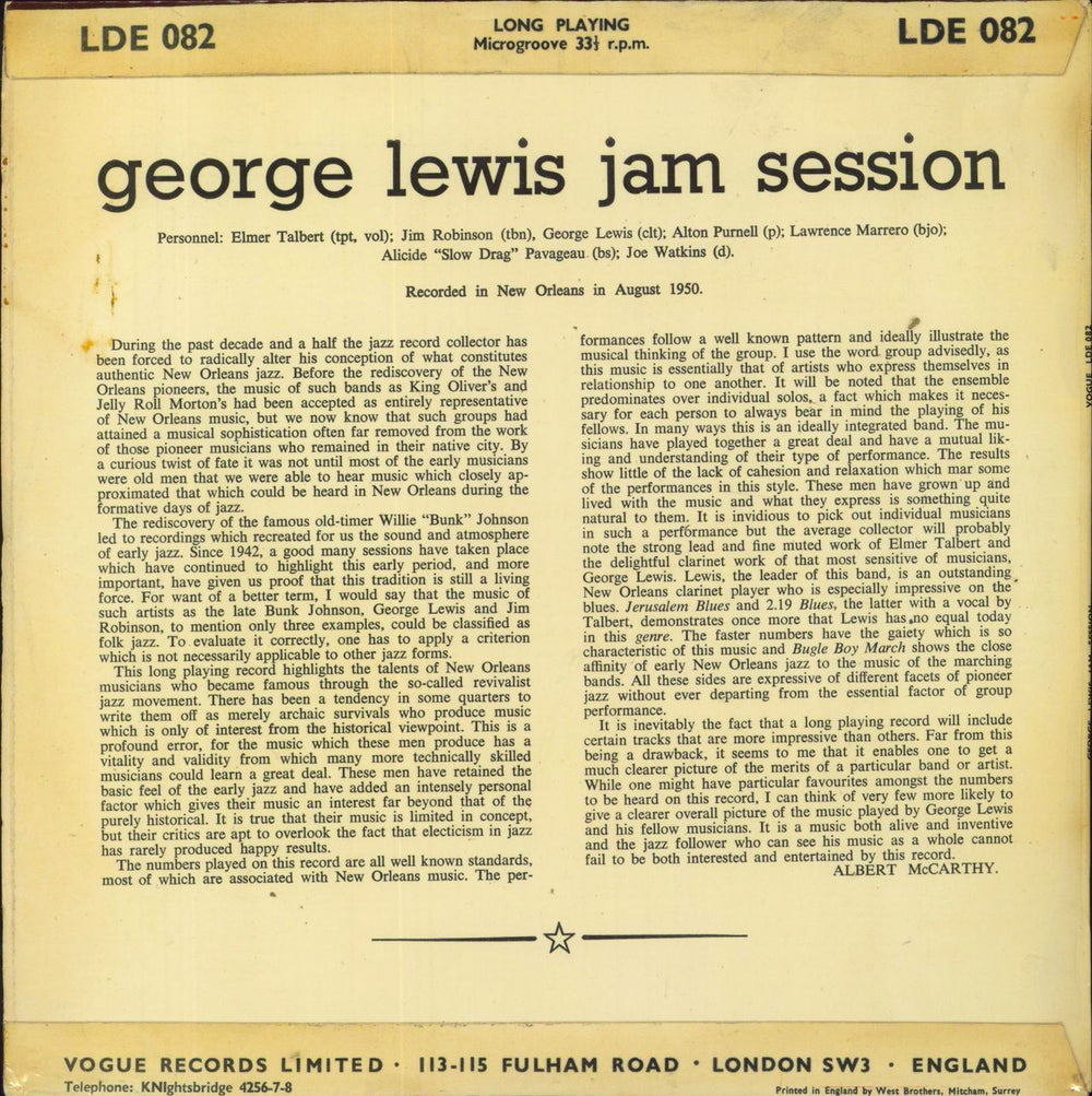 George Lewis Jam Session UK 10" vinyl single (10 inch record)