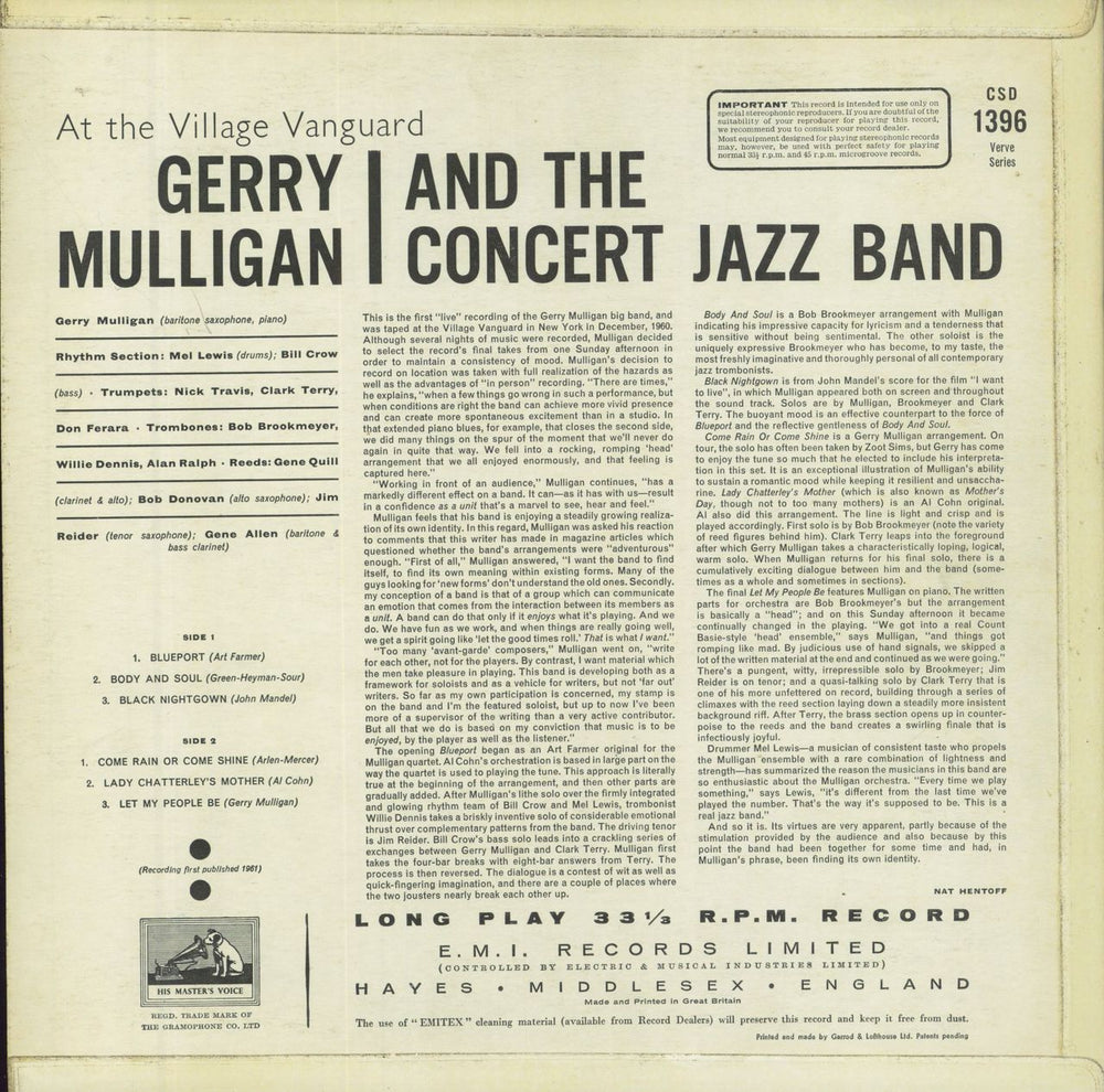 Gerry Mulligan At The Village Vanguard UK vinyl LP album (LP record)