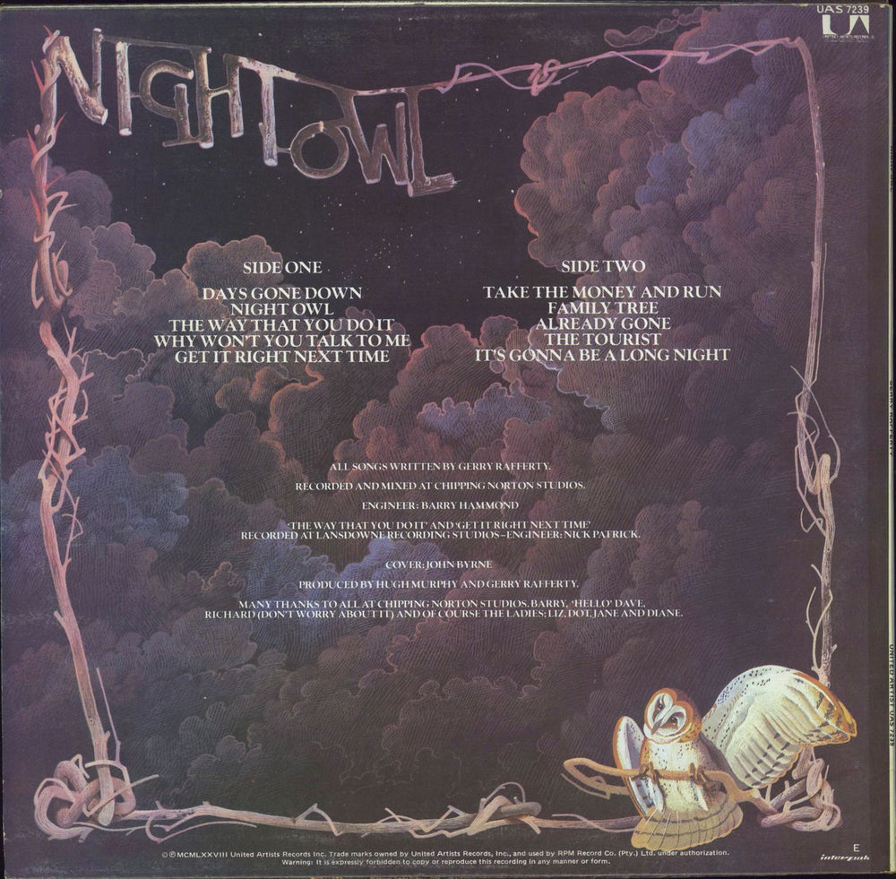 Gerry Rafferty Night Owl South African vinyl LP album (LP record)