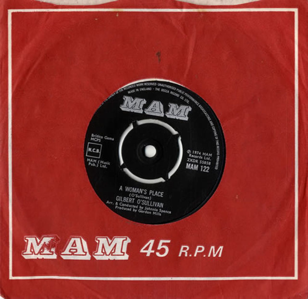 Gilbert O'Sullivan A Woman's Place UK 7" vinyl single (7 inch record / 45) MAM122