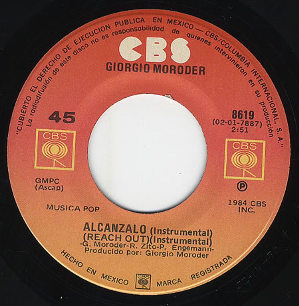 Giorgio Moroder Alcanzalo - Reach Out Mexican 7" vinyl single (7 inch record / 45) 8619