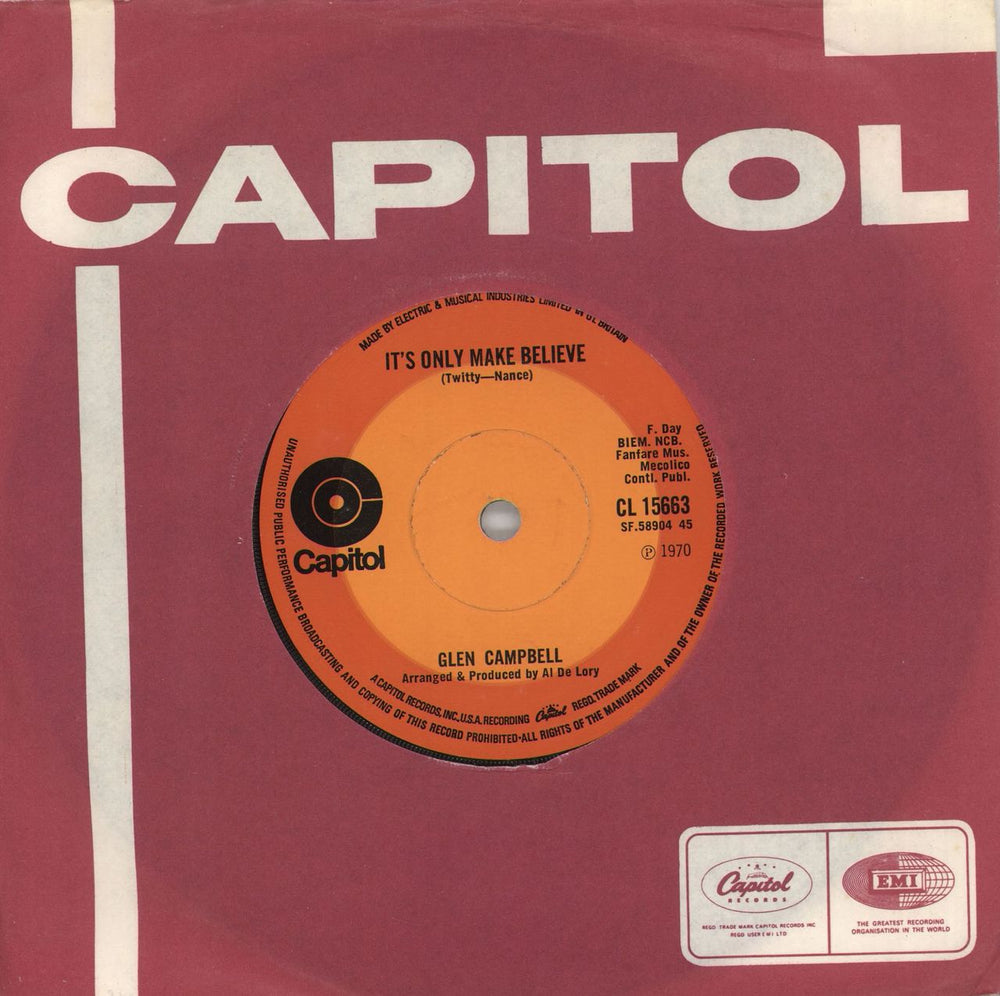 Glen Campbell It's Only Make Believe UK 7" vinyl single (7 inch record / 45) CL15663