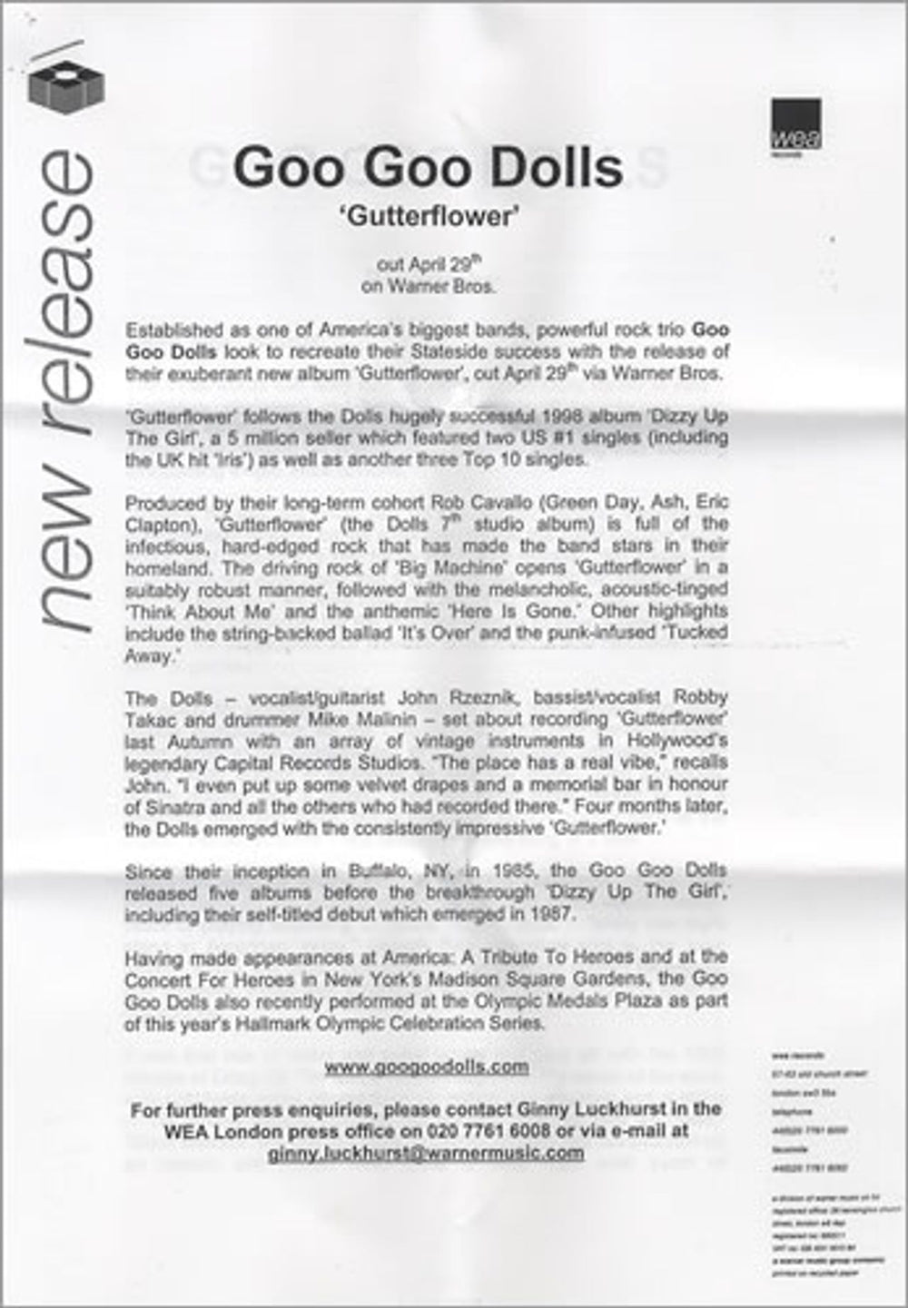 Goo Goo Dolls Gutterflower UK Promo CD-R acetate GGDCRGU209820