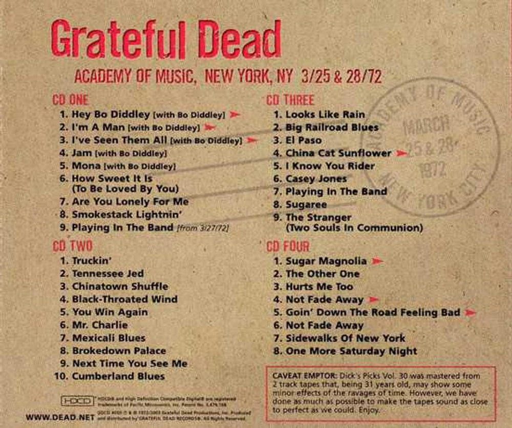 Grateful Dead Dick's Picks Volume Thirty: Academy Of Music, New York, NY 3/25 & 28/72 US 4-CD album set GRD4CDI758277