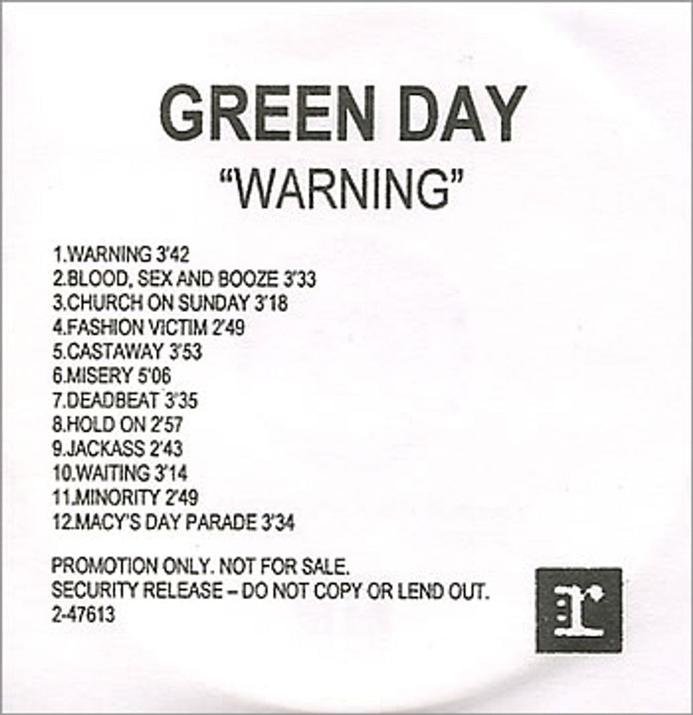 Green Day Warning UK Promo CD-R acetate CD ACETATE