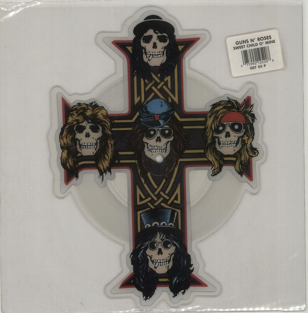 Guns N Roses Sweet Child O' Mine - Title/Barcode Stickered UK shaped picture disc (picture disc vinyl record) GEF55P