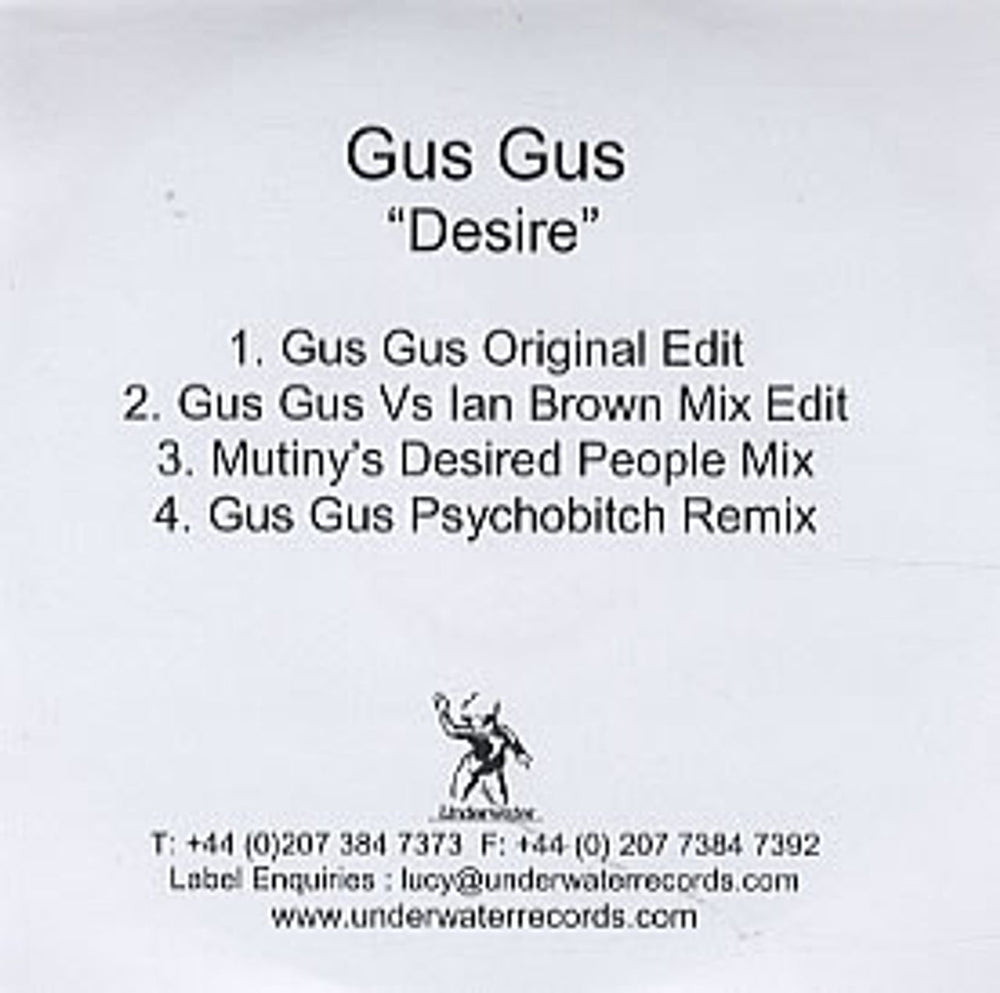Gus Gus Desire UK Promo CD-R acetate CD-R ACETATE