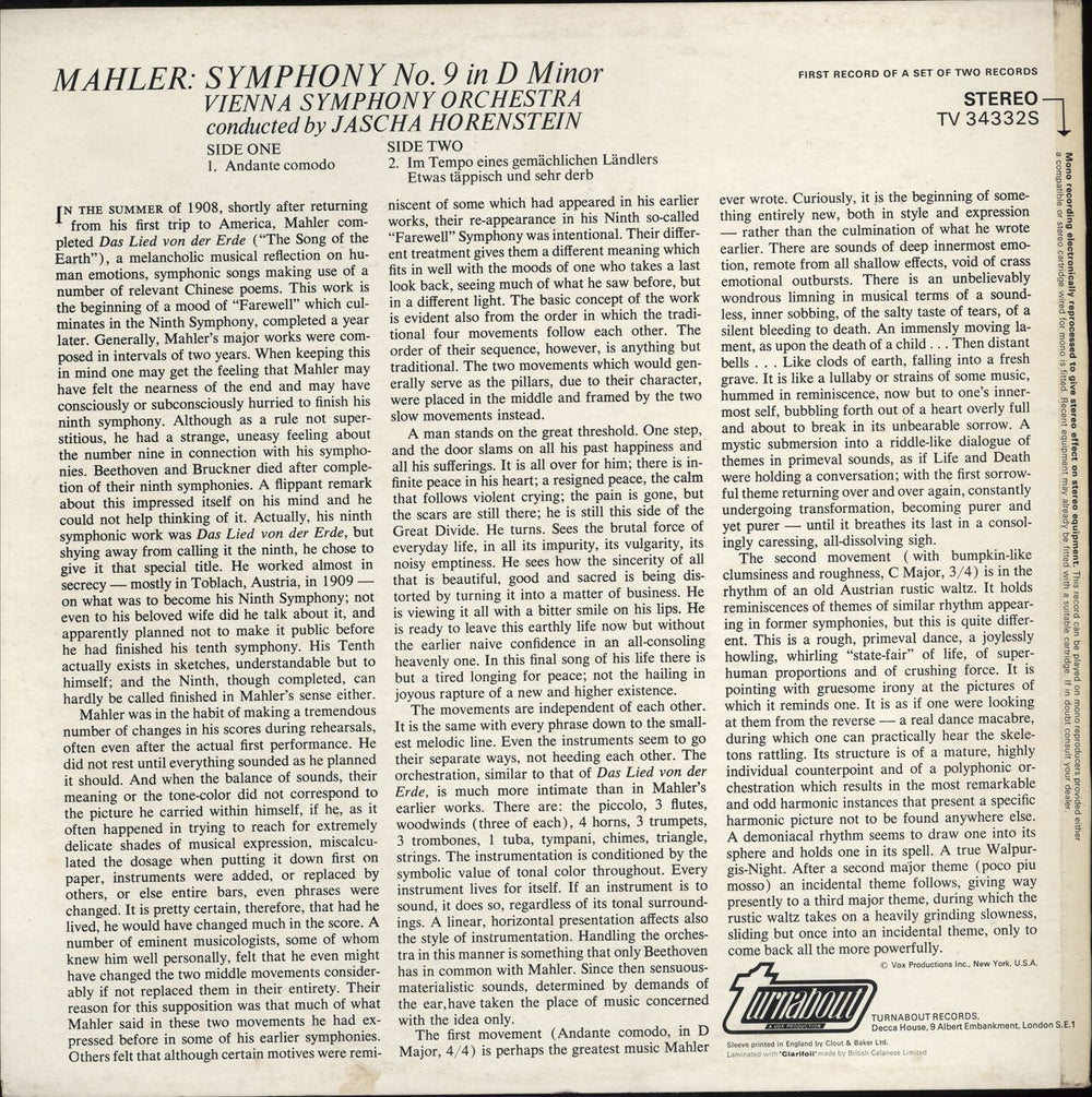 Gustav Mahler Symphony No. 9 UK 2-LP vinyl record set (Double LP Album)