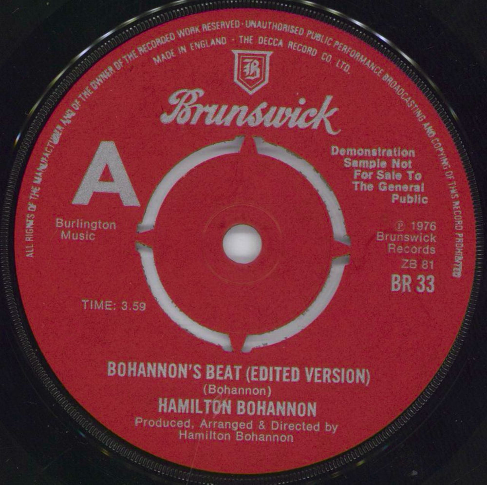 Hamilton Bohannon Bohannon's Beat UK Promo 7" vinyl single (7 inch record / 45) BR33