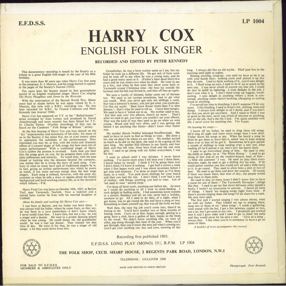 Harry Cox English Folk Singer UK vinyl LP album (LP record)