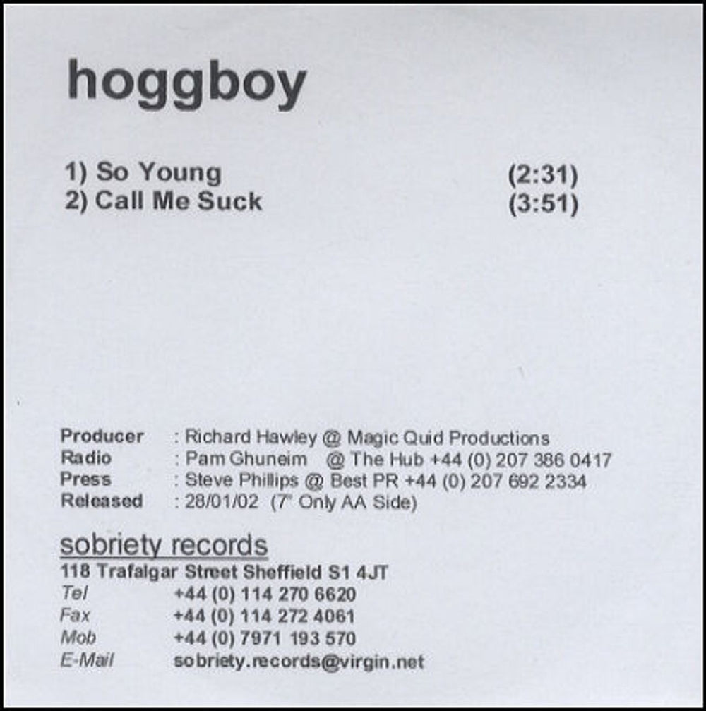 Hoggboy So Young UK Promo CD-R acetate CD-R ACETATE