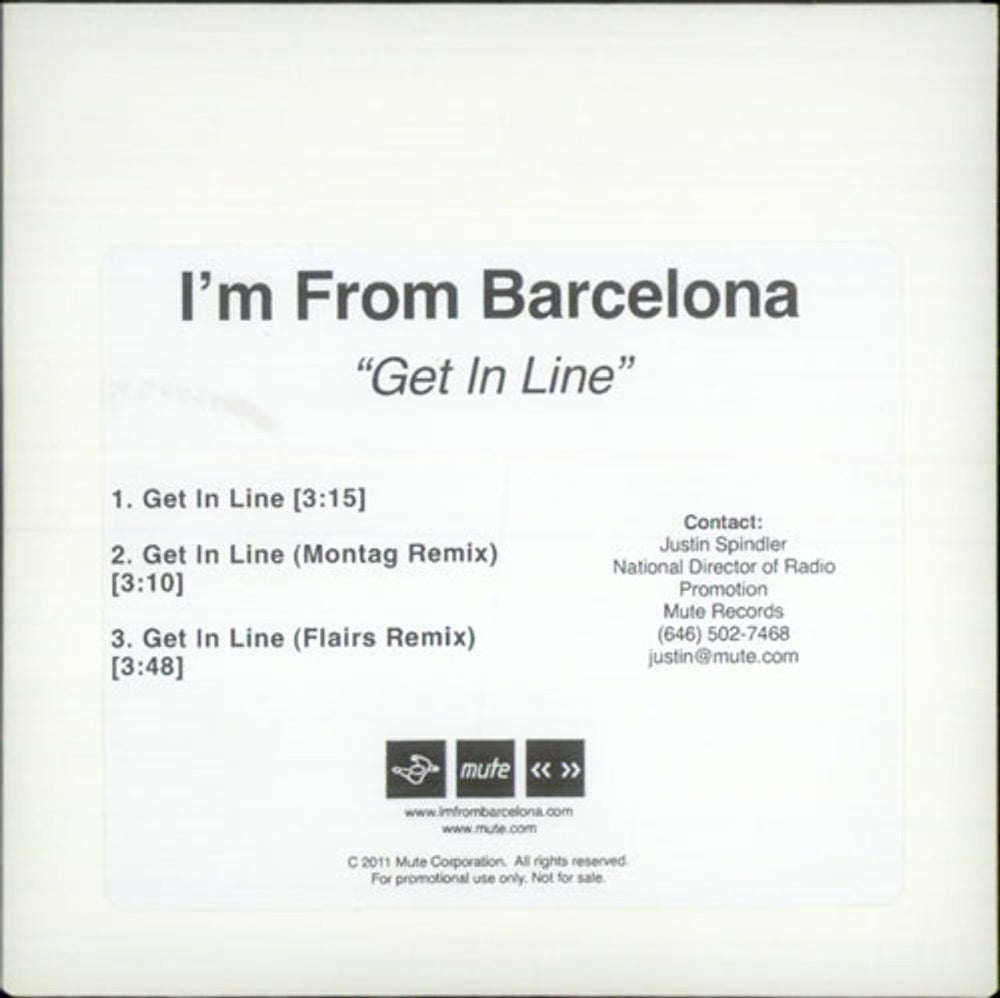 I'm From Barcelona Get In Line US Promo CD-R acetate CD-R ACETATE