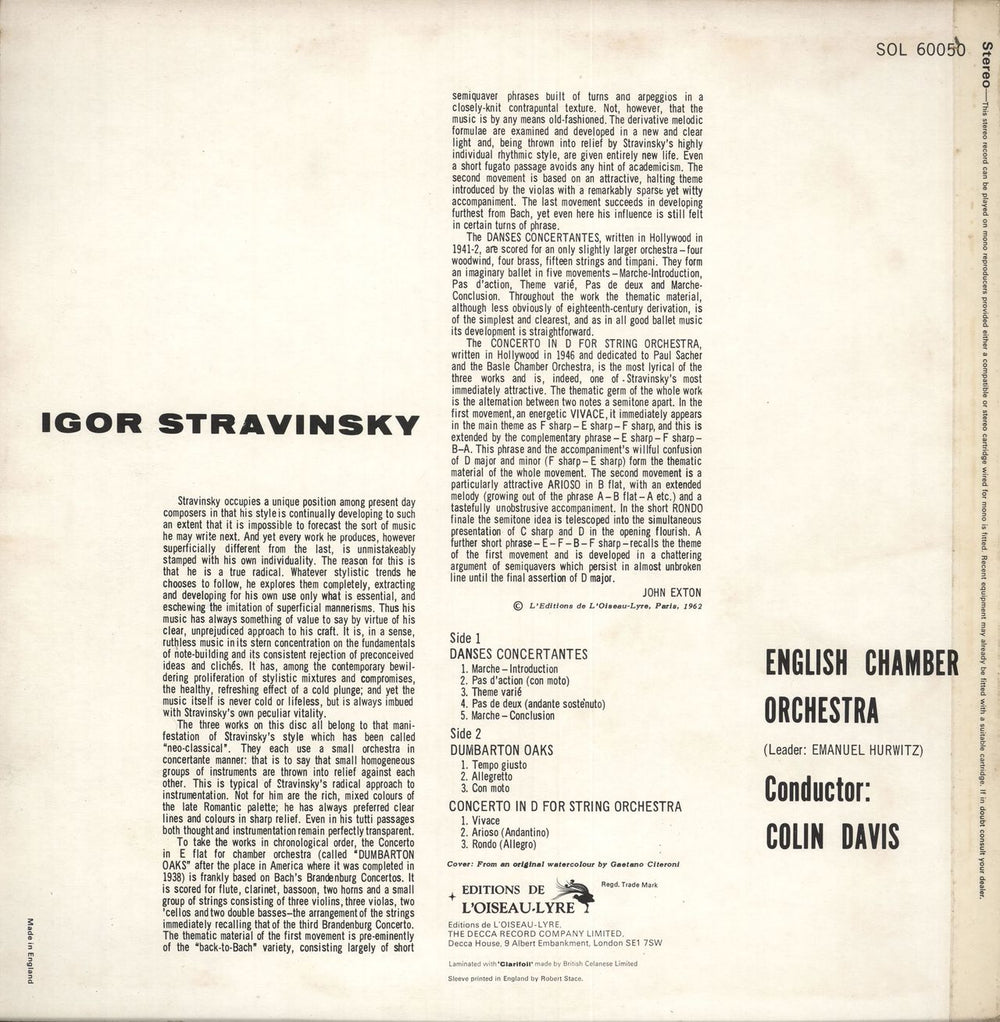 Igor Stravinsky Dumbarton Oaks / Danses Concertantes / Concerto In D For String Orchestra UK vinyl LP album (LP record)