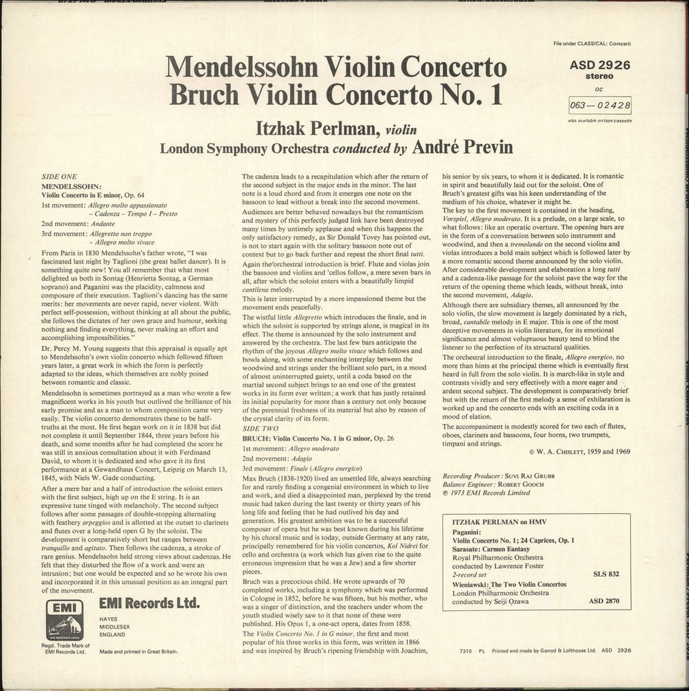Itzhak Perlman Mendelssohn Violin Concerto / Bruch Violin Concerto No. 1 UK vinyl LP album (LP record) IT-LPME724390