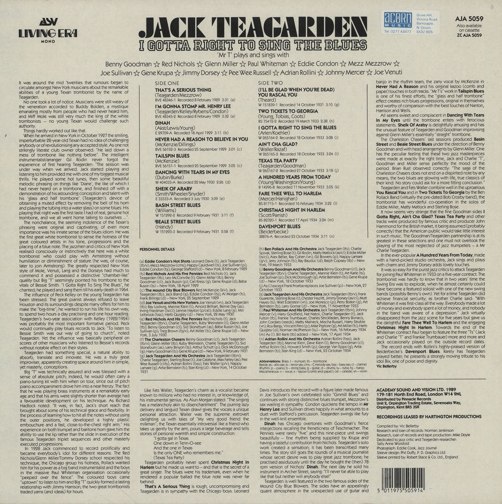 Jack Teagarden I Gotta Right To Sing The Blues UK vinyl LP album (LP record) 5011975505914