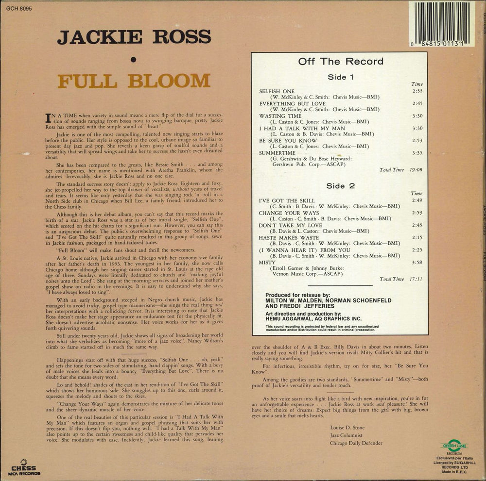 Jackie Ross Full Bloom Italian vinyl LP album (LP record)