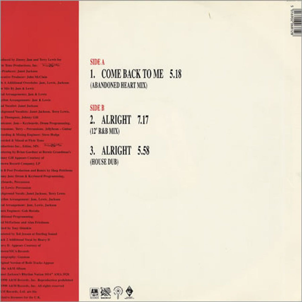 Janet Jackson Come Back To Me: Remixes UK 12" vinyl single (12 inch record / Maxi-single) J-J12CO12317