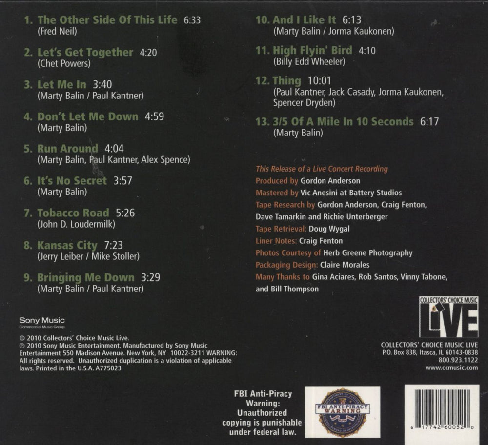 Jefferson Airplane Live At The Fillmore Auditorium 10/16/66 (Early & Late Shows - Grace's Debut) US CD album (CDLP) 617742600520