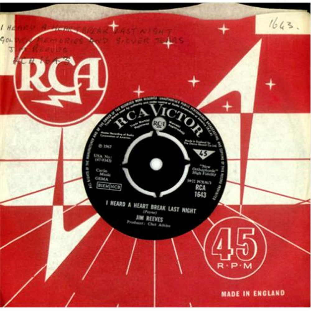 Jim Reeves I Heard A Heart Break Last Night UK 7" vinyl single (7 inch record / 45) RCA1643