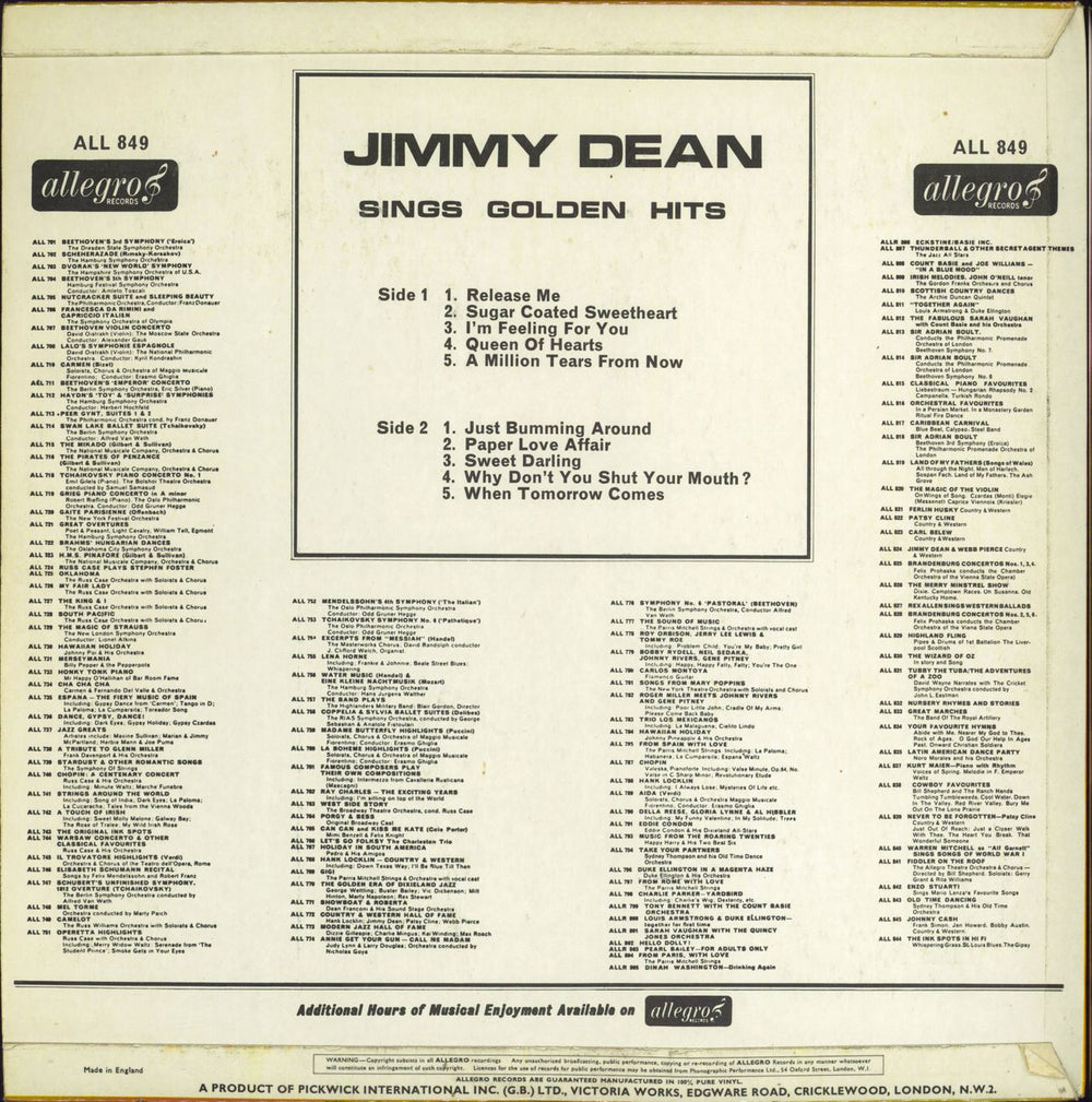 Jimmy Dean Jimmy Dean Sings Golden Hits UK vinyl LP album (LP record)