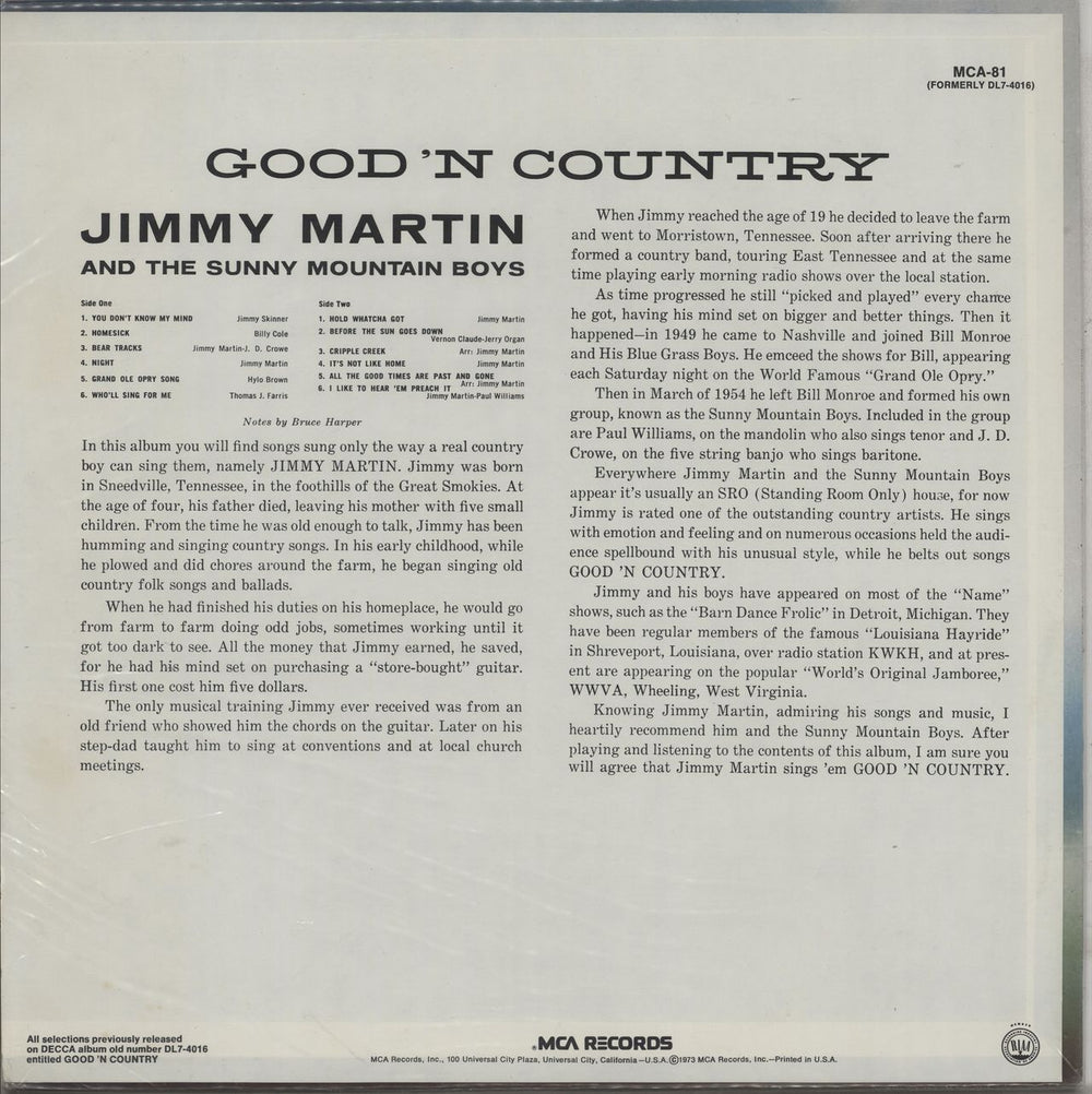 Jimmy Martin And The Sunny Mountain Boys Good 'n Country US vinyl LP album (LP record)