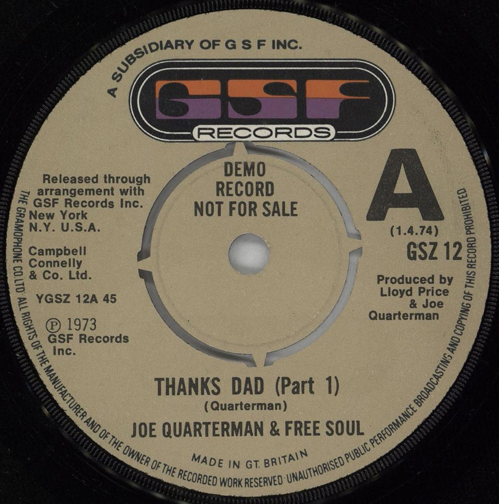 Joe Quarterman Thanks Dad UK Promo 7" vinyl single (7 inch record / 45) GSZ12