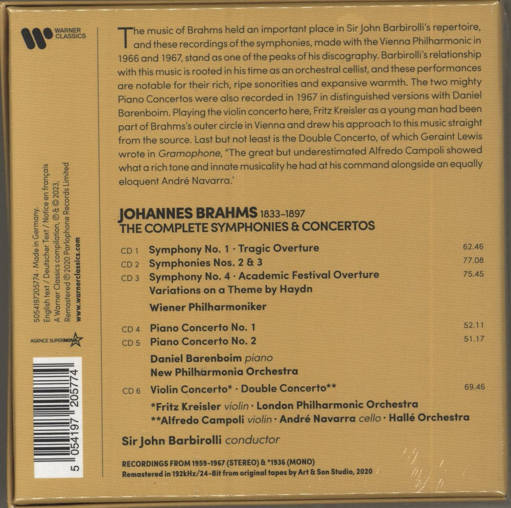 Johannes Brahms Symphonies, Concertos, Overtures, Haydn Variations UK 6-CD album set B106CSY812062