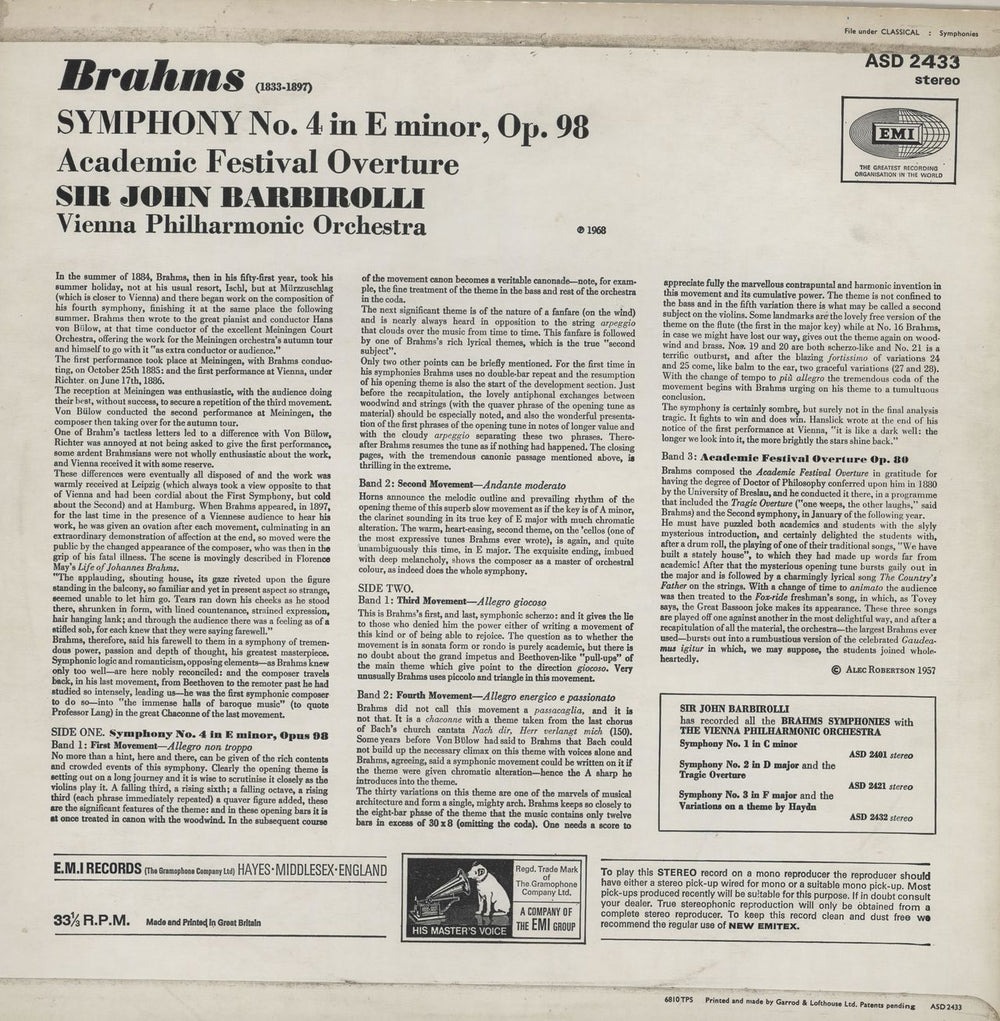 Johannes Brahms Symphony No.4 / Academic Festival Overture - 2nd UK vinyl LP album (LP record)