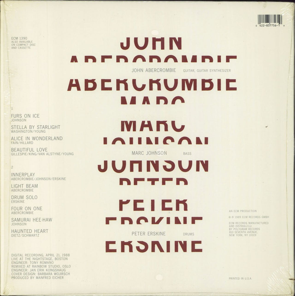 John Abercrombie John Abercrombie, Marc Johnson, Peter Erskine US vinyl LP album (LP record) 042283775619