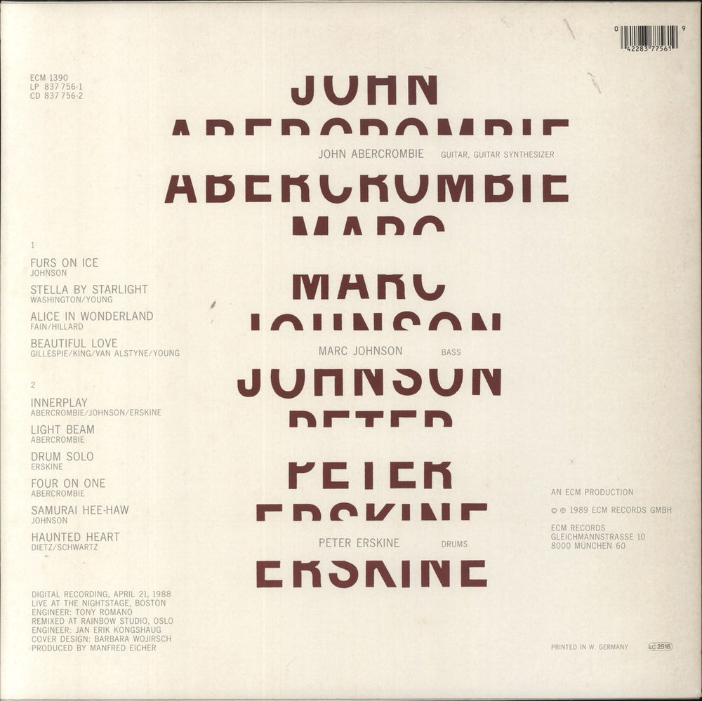 John Abercrombie John Abercrombie, Marc Johnson, Peter Erskine - White Label German Promo vinyl LP album (LP record) 042283775619