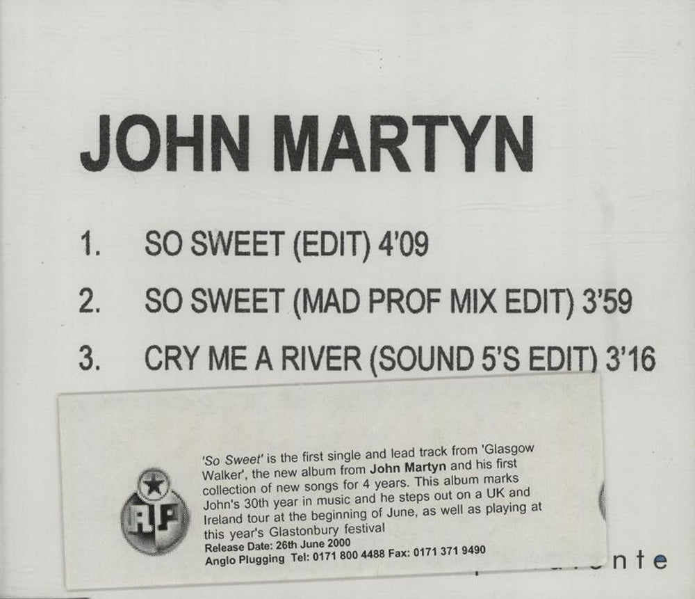 John Martyn So Sweet UK Promo CD-R acetate CD-R