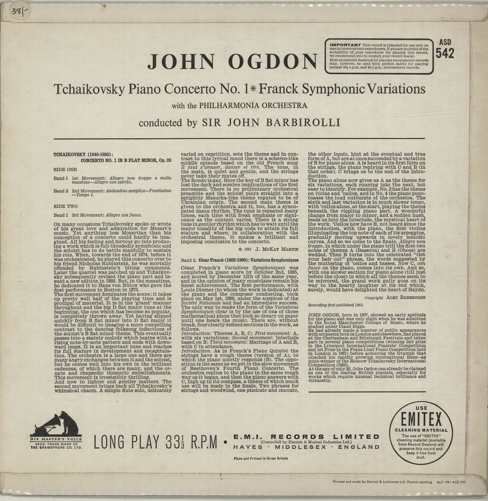 John Ogdon Tchaikovsky: Piano Concert No. 1 / Frank: Symphonic Variations UK vinyl LP album (LP record) J57LPTC687330