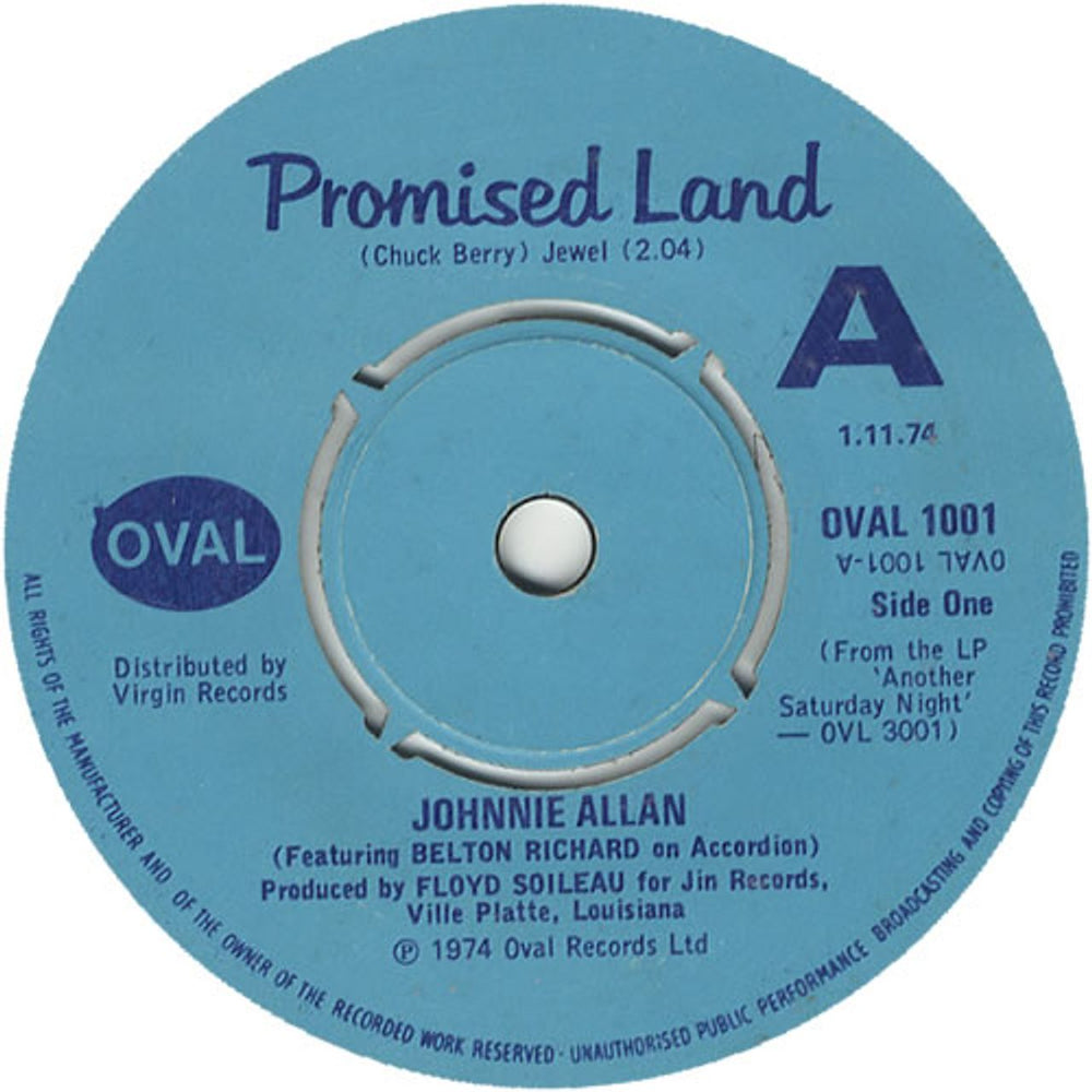 Johnnie Allan Promised Land UK 7" vinyl single (7 inch record / 45) OVAL1001