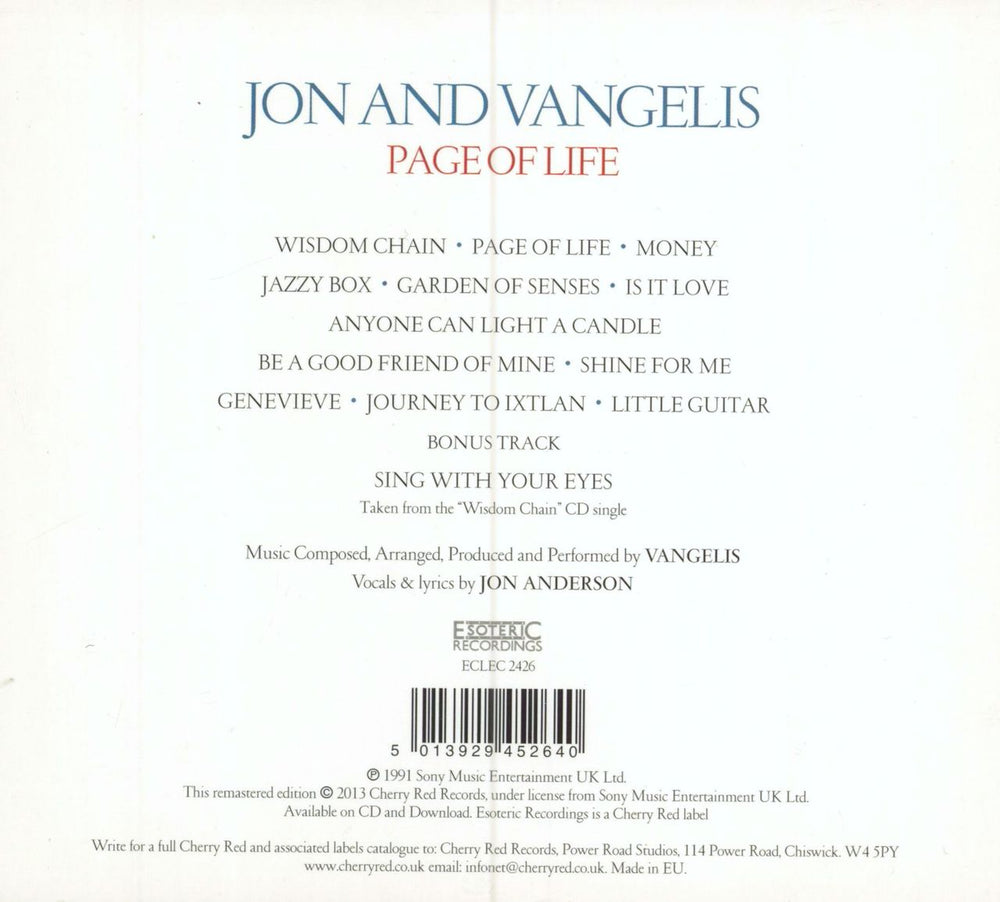 Jon & Vangelis Page Of Life - Remastered UK CD album (CDLP) 5013929452640