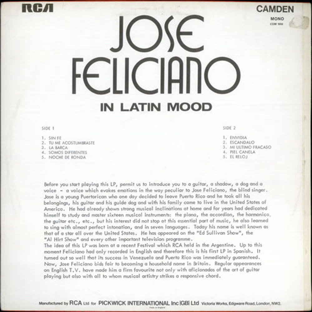 José Feliciano In Latin Mood UK vinyl LP album (LP record) JFELPIN522929