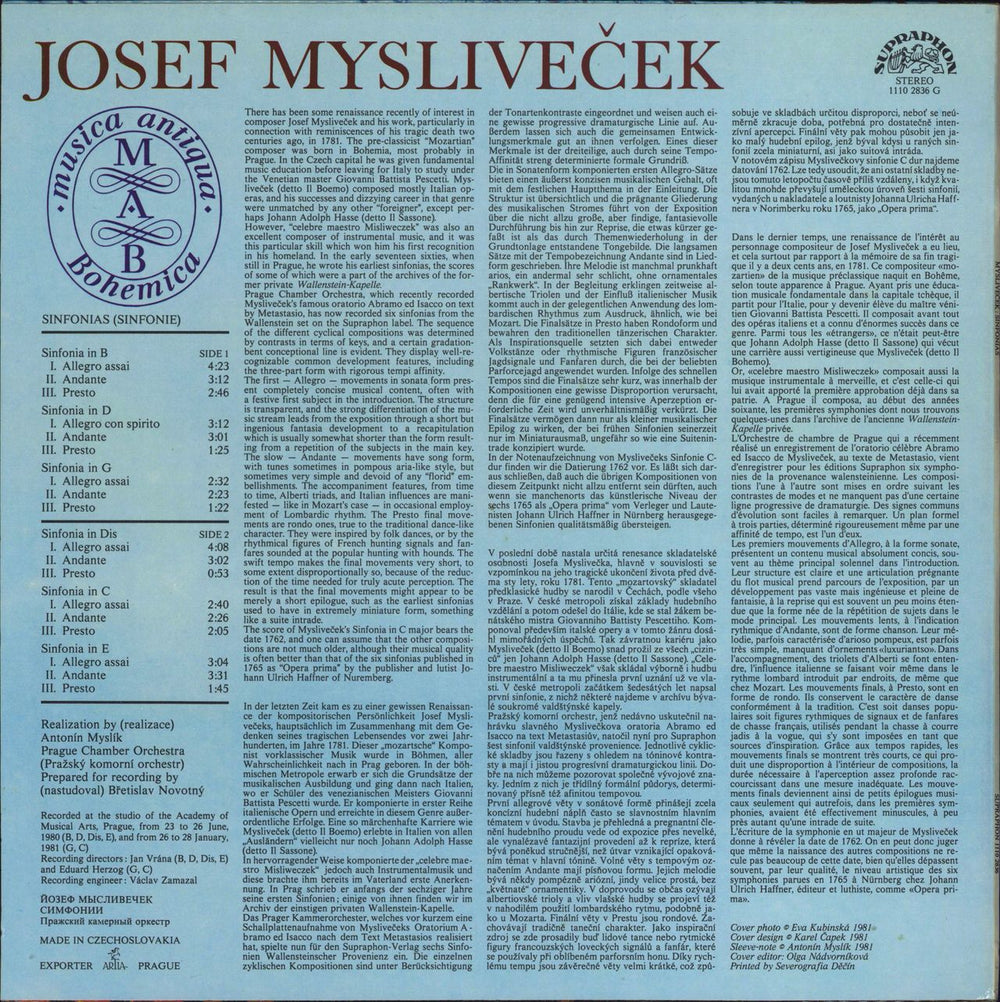 Josef Myslivecek Sinfonias Czech vinyl LP album (LP record)