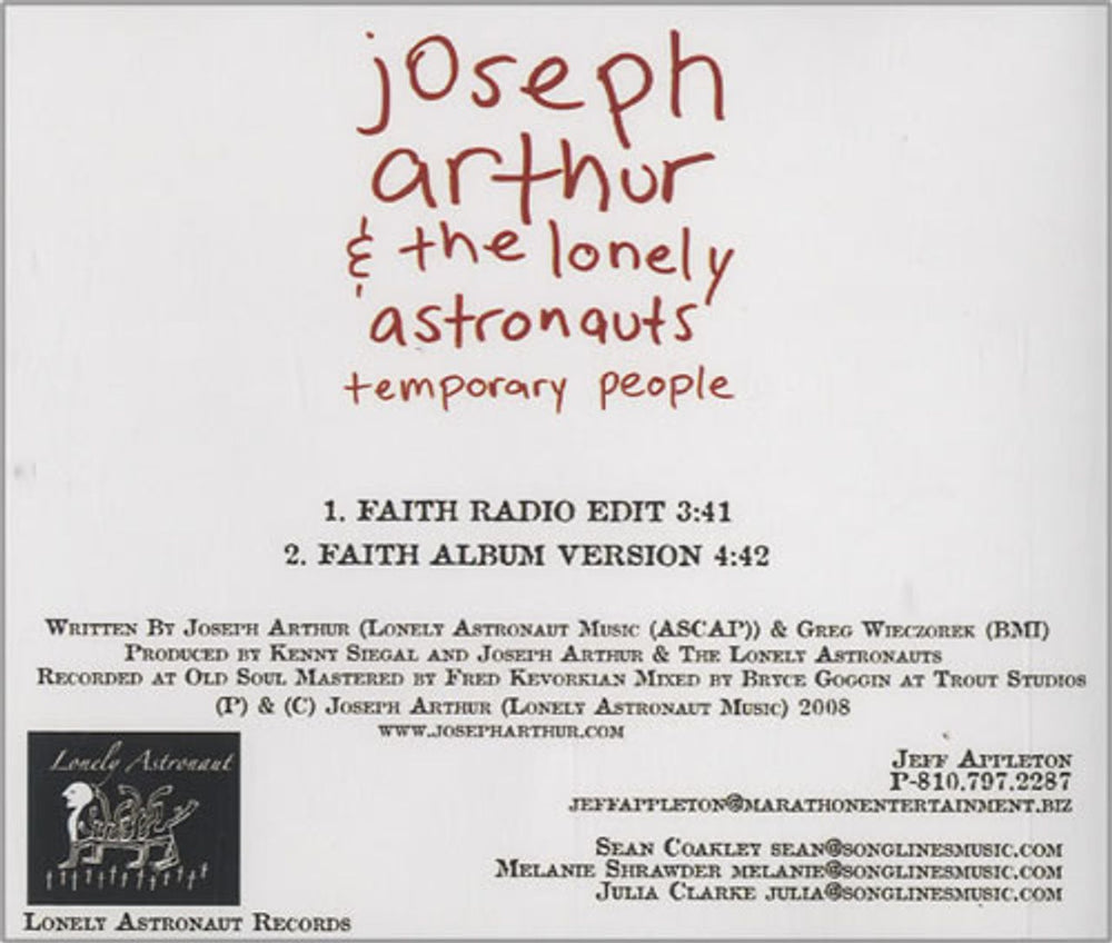Joseph Arthur Temporary People US Promo CD-R acetate CDR ACETATE