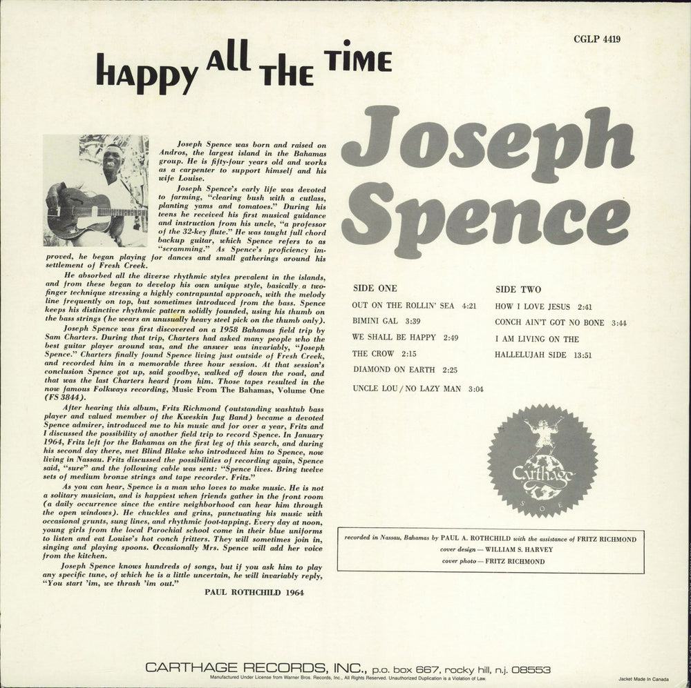 Joseph Spence Happy All The Time US vinyl LP album (LP record)