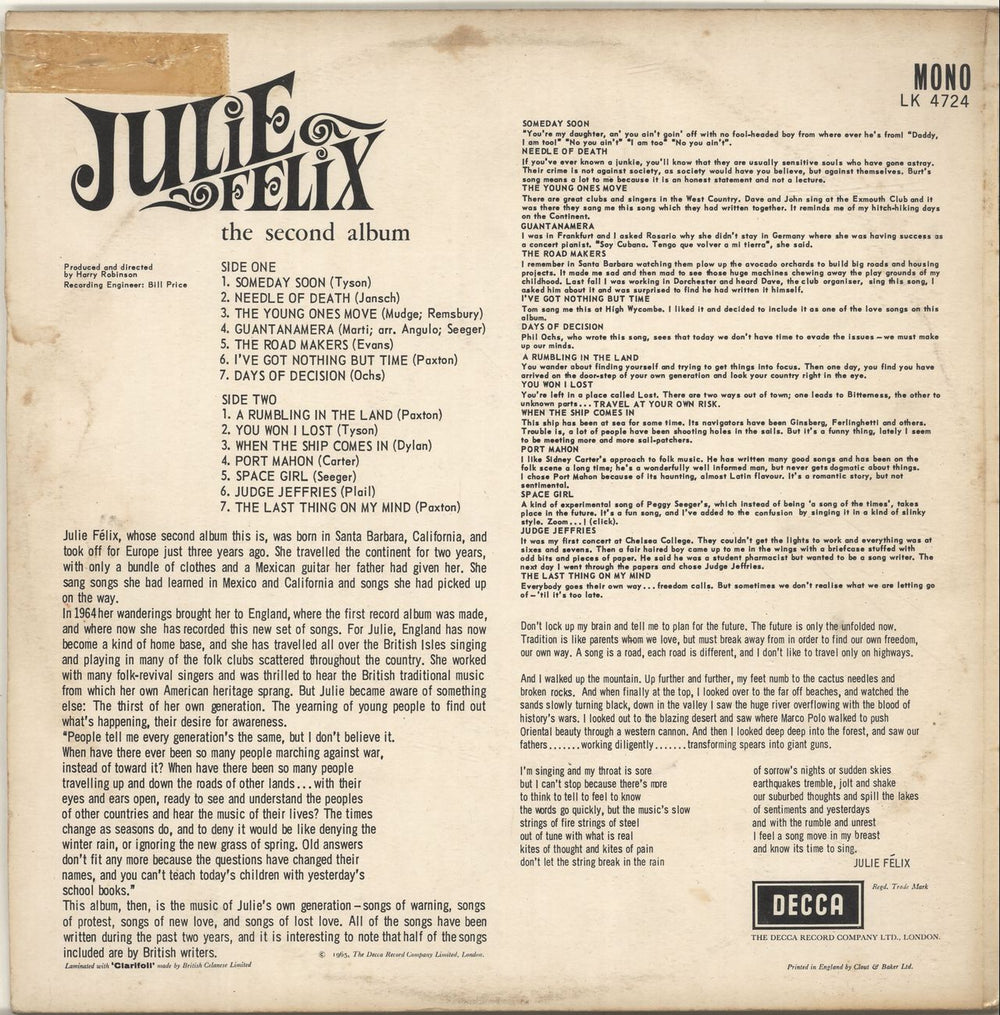 Julie Felix The Second Album - EX UK vinyl LP album (LP record) JCWLPTH698077