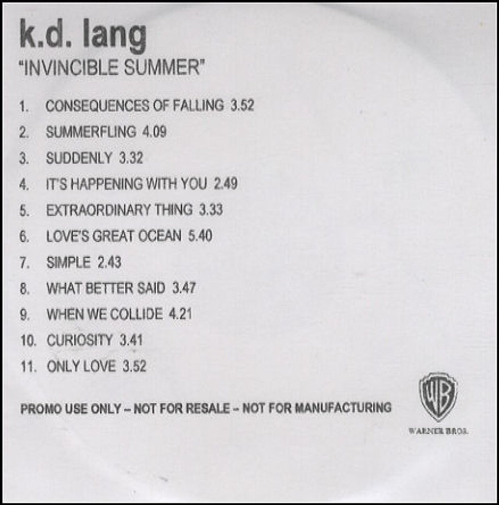 K.D. Lang Invincible Summer UK Promo CD-R acetate CD ACETATE