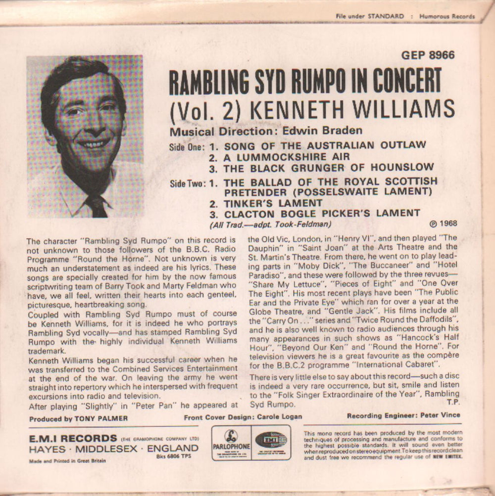 Kenneth Williams Rambling Syd Rumpo In Concert Vol. 2 EP UK 7" vinyl single (7 inch record / 45) KNW07RA366072