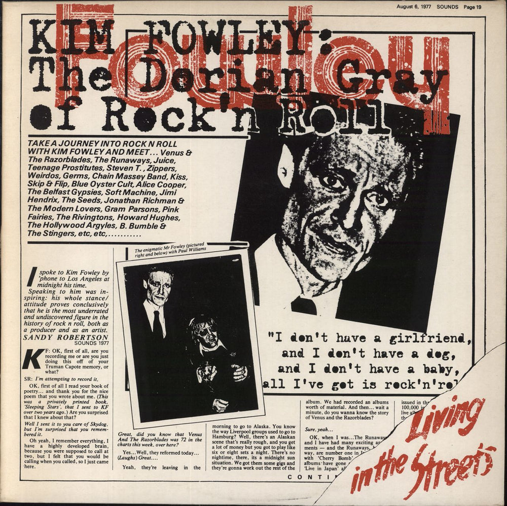 Kim Fowley Living In The Streets UK vinyl LP album (LP record) SNTF755