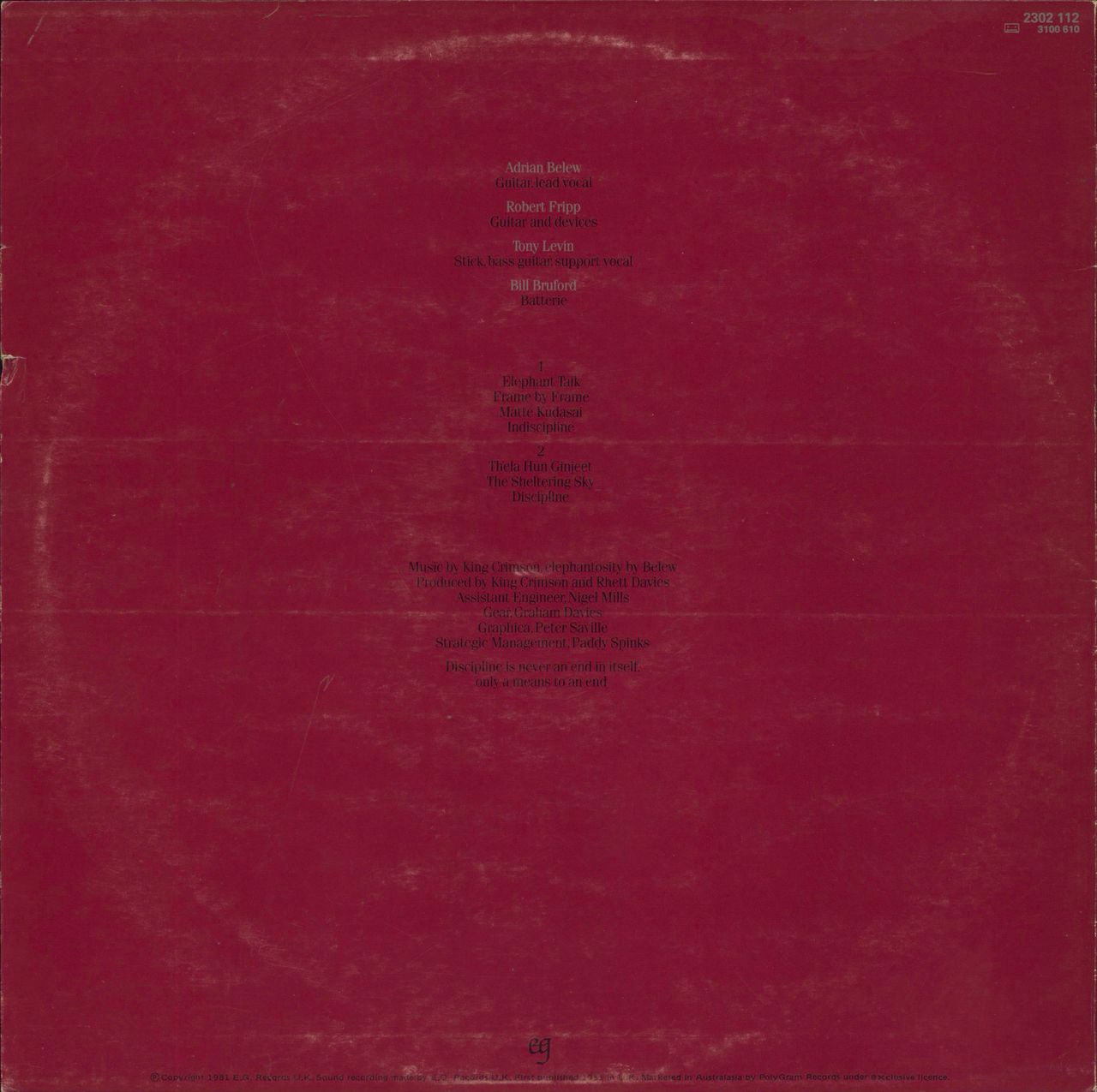 King Crimson Discipline Australian Vinyl LP Album Record 2302112 EG 1981