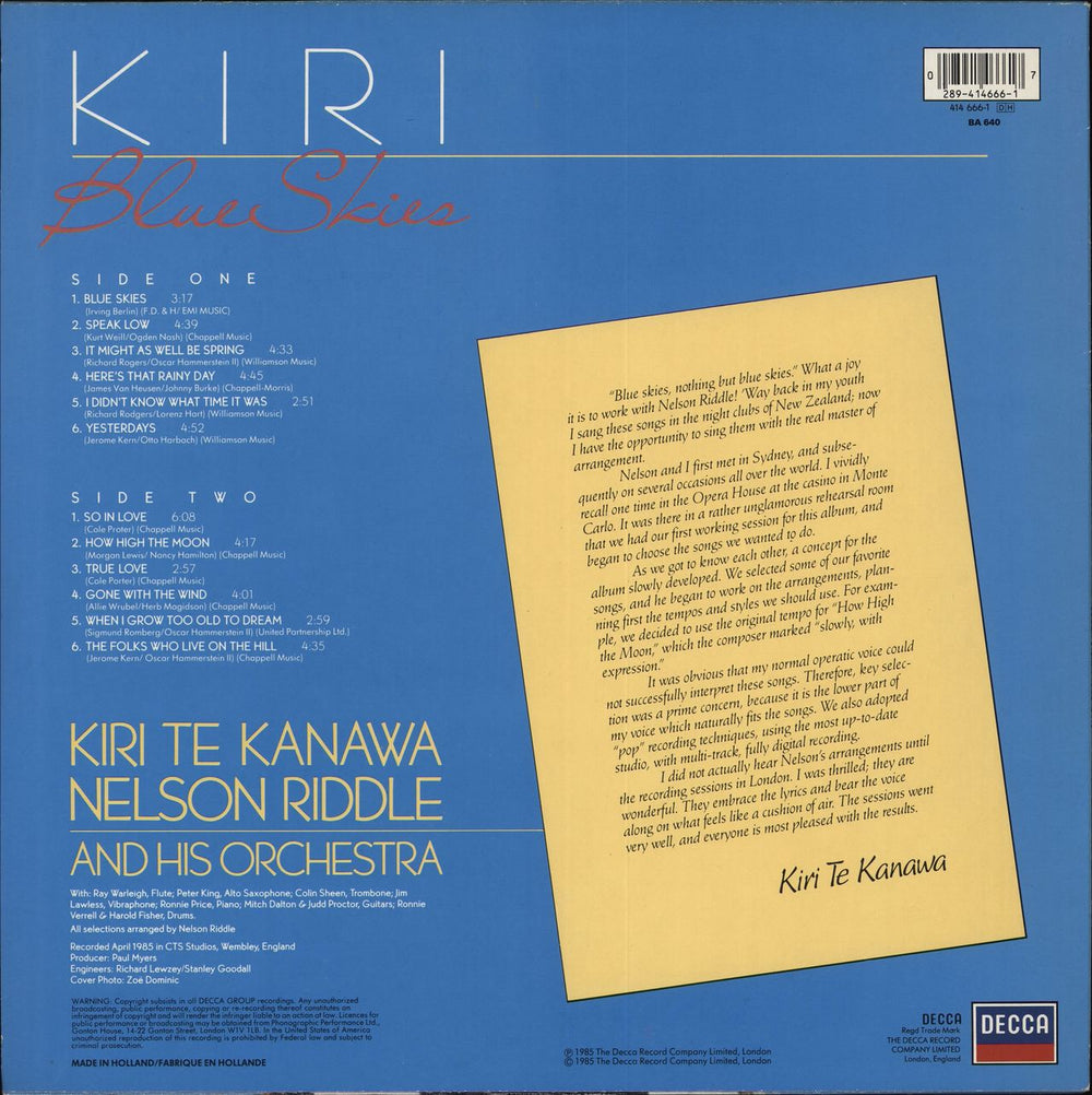 Kiri Te Kanawa Blue Skies Dutch vinyl LP album (LP record) 028941466617